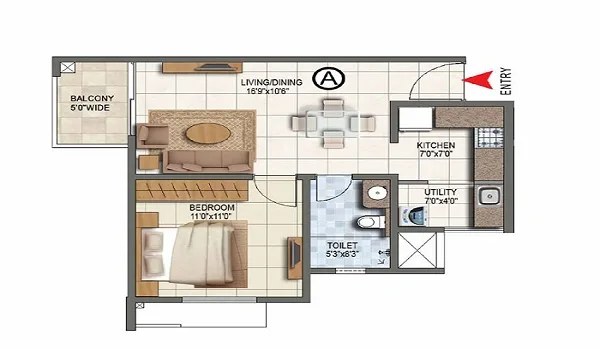 Brigade Golden Heights 2 BHK Floor Plan 