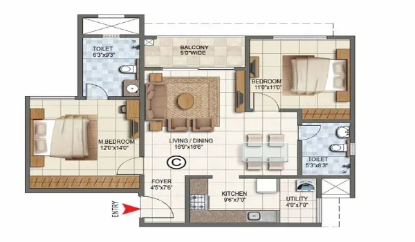 Brigade Golden Heights 3 BHK Floor Plan 